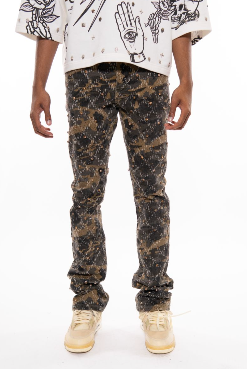 Vicious Rhinestone Embellished Flare Jeans Camo Brown
