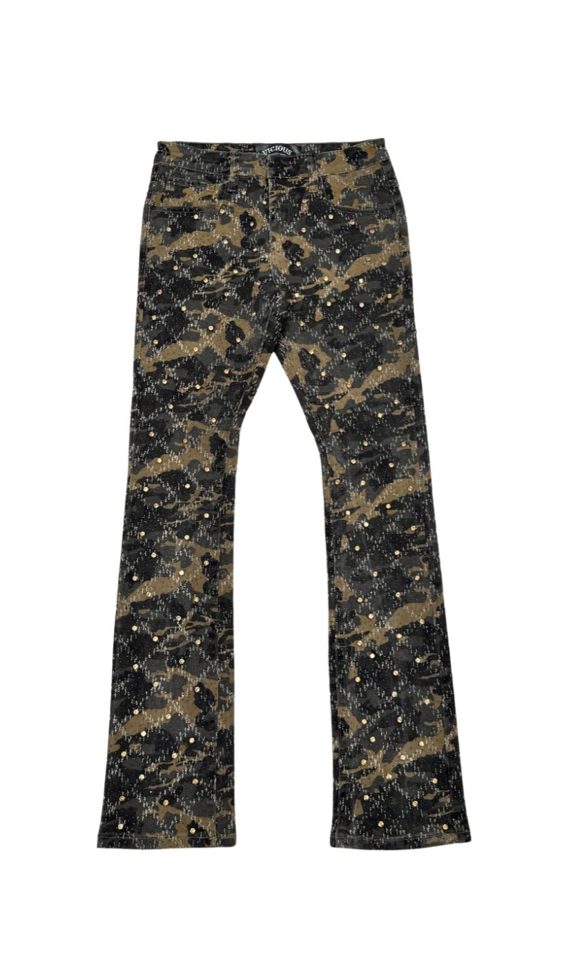 Vicious Rhinestone Embellished Flare Jeans Camo Brown
