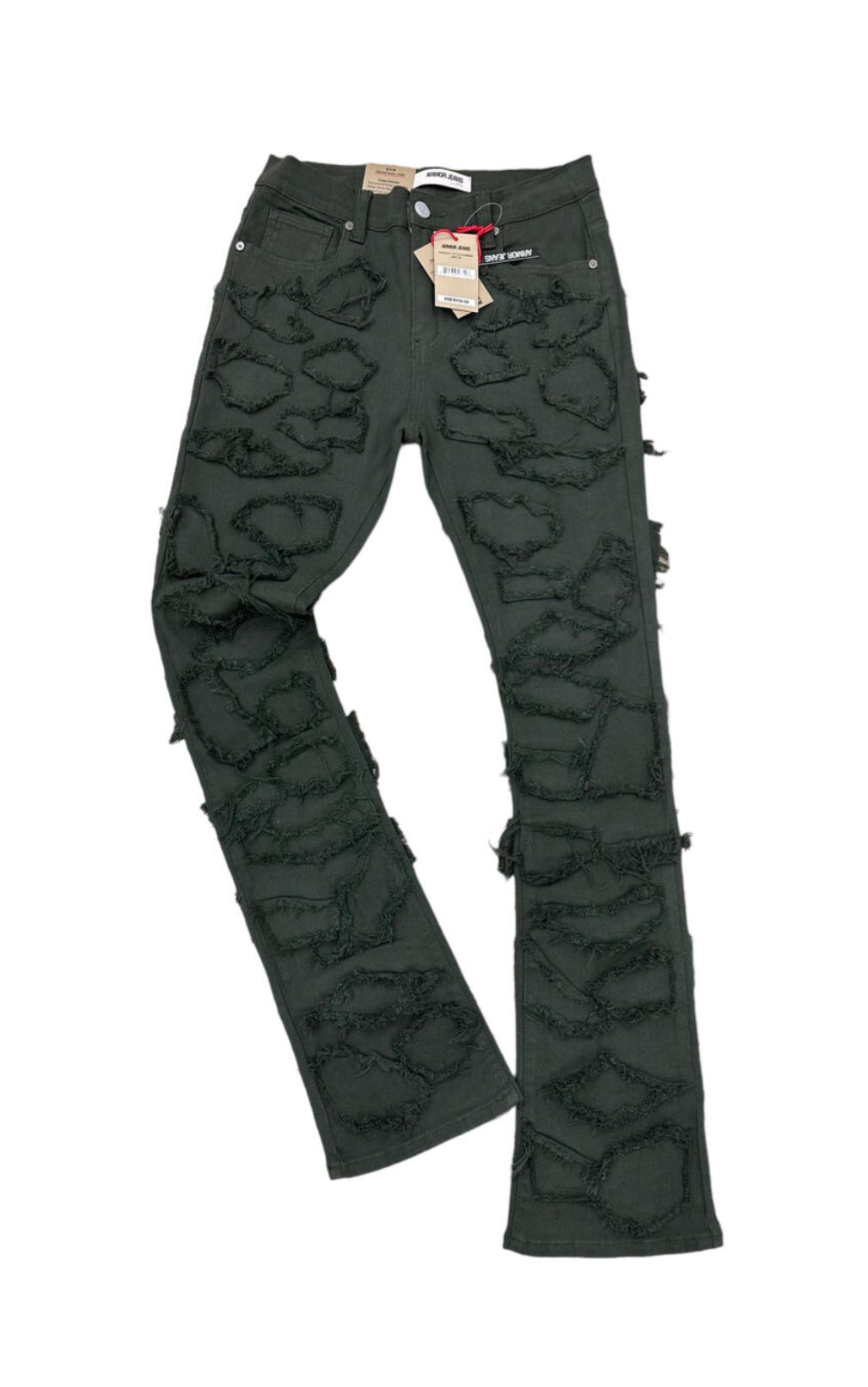 Stone Patches Stacked Jeans - front view, streetwear stacked-leg denim